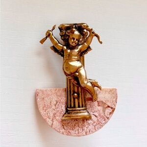 Vintage Gold Cherub & Pink Marble Pin Brooch